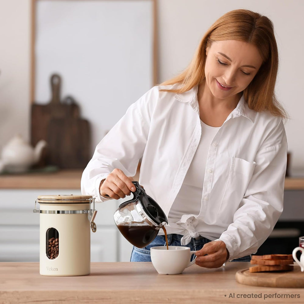Veken stainless scoop hooked inside lid for tidy storage and easy access