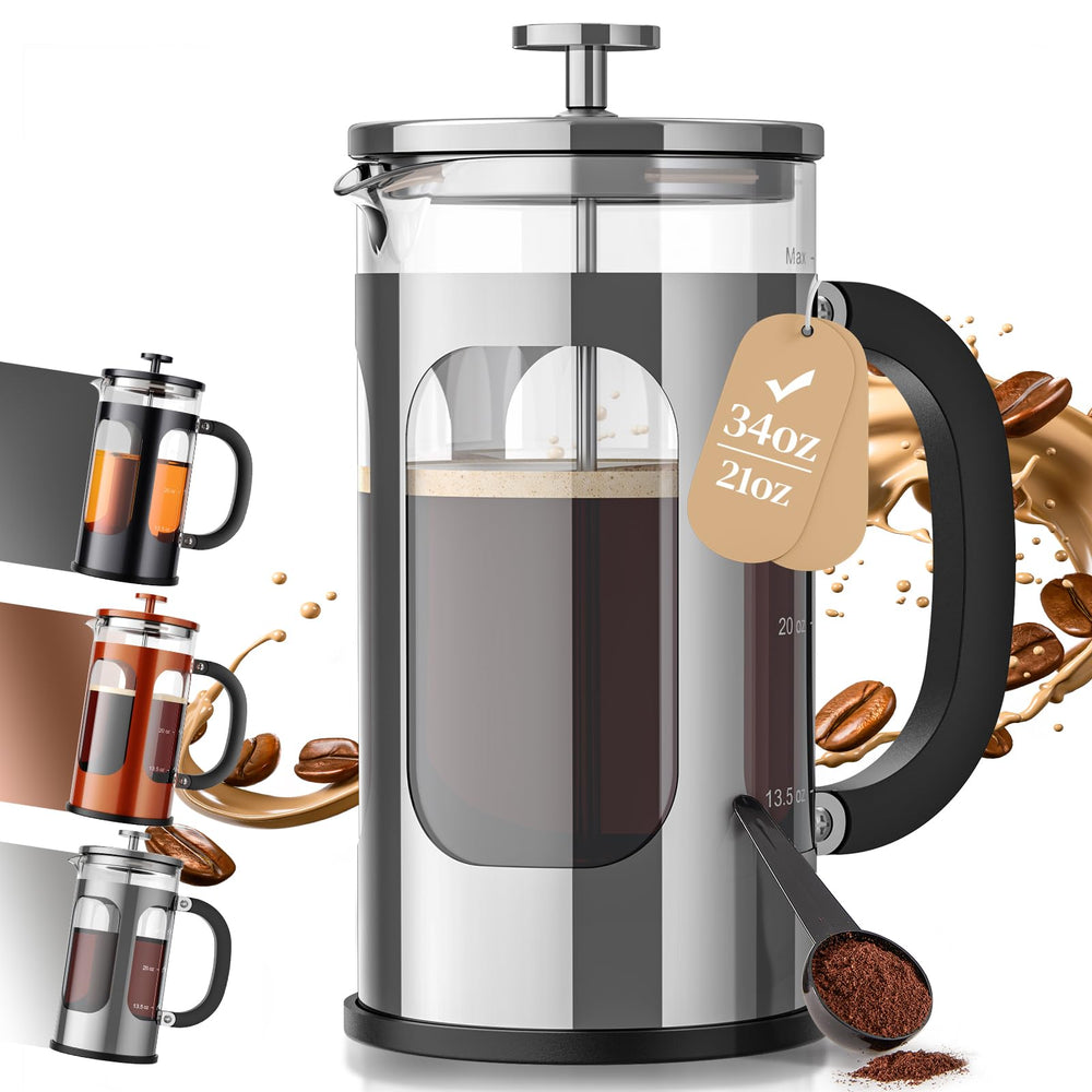 Veken vista frontal de la cafetera French Press mostrando diseño elegante y capacidad