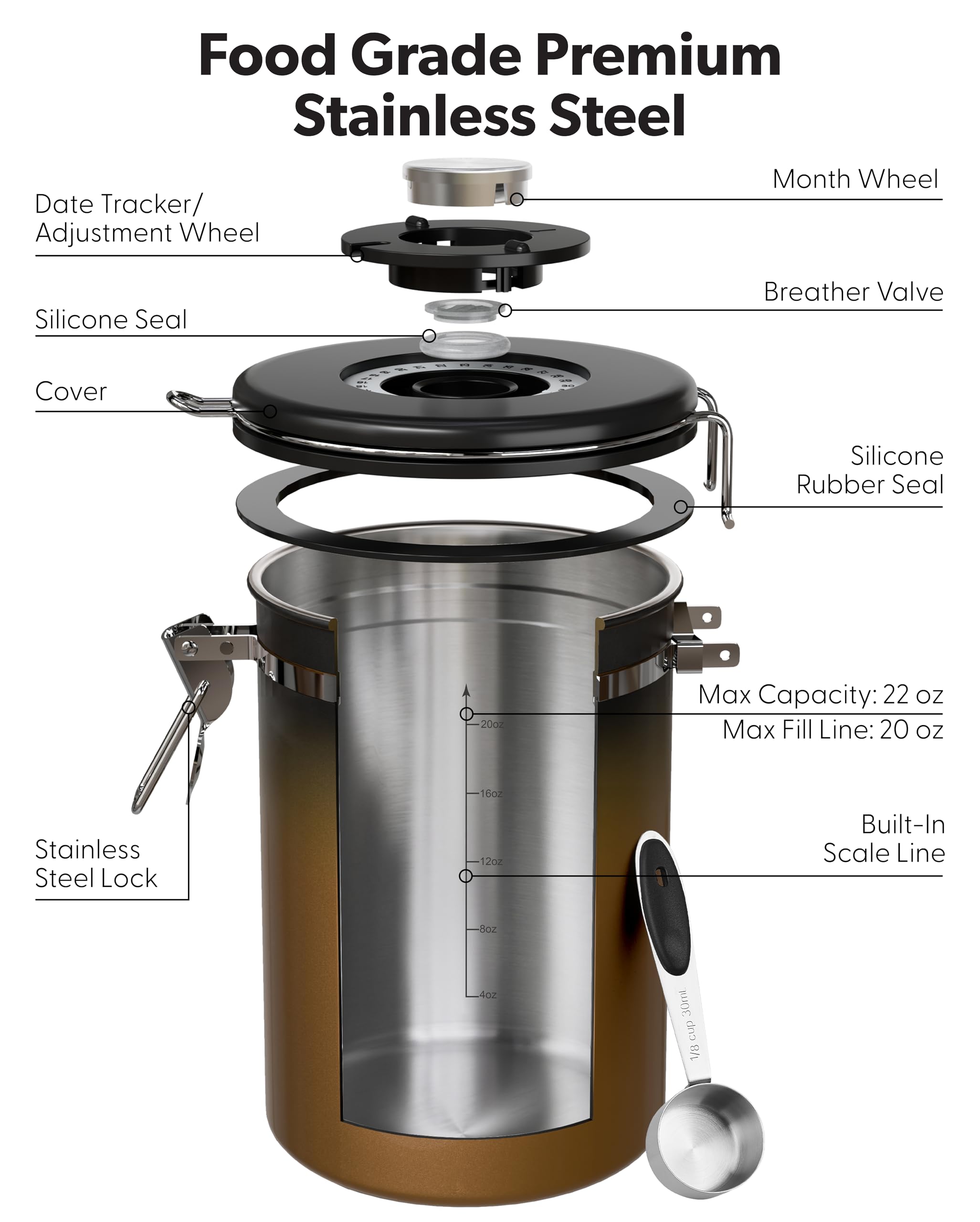 Veken stainless scoop hooked to lid for convenient portioning and storage