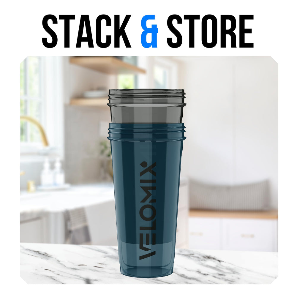 VELOMIX comparación de tamaño en mano mostrando capacidad 28oz y portabilidad