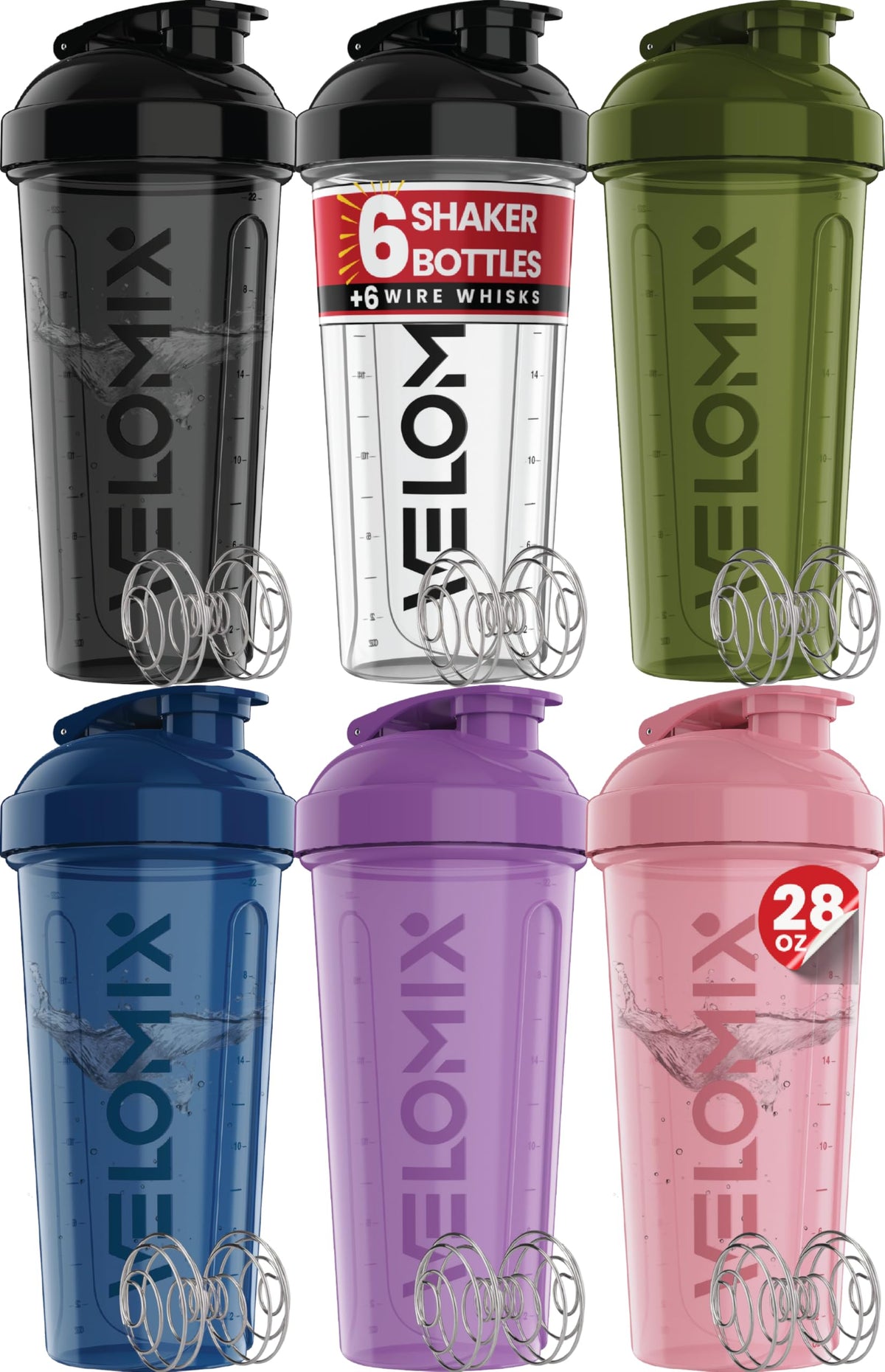 VELOMIX vista frontal del pack de seis vasos mostrando colores y capacidad