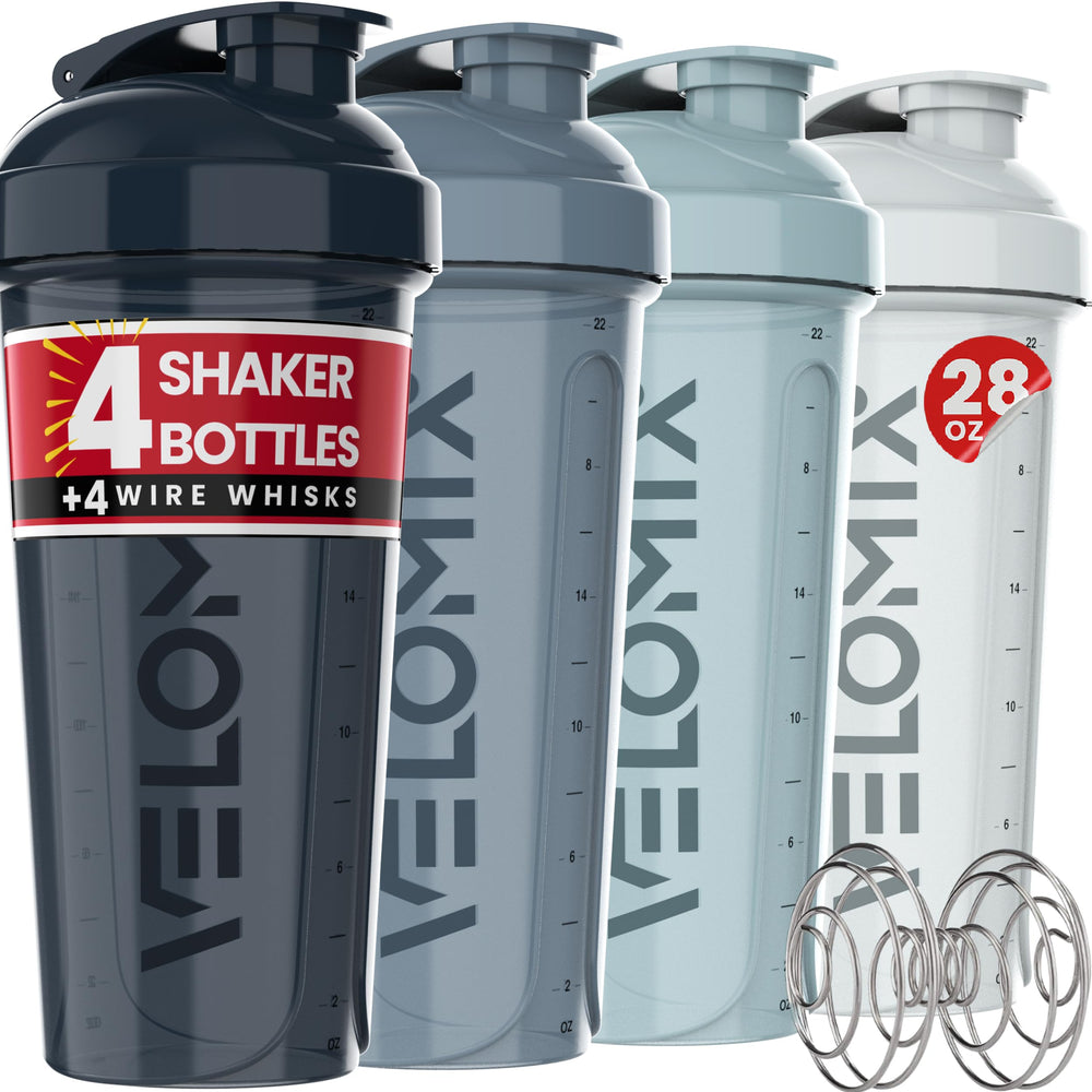VELOMIX pack de cuatro vasos shaker aqua depths visto de frente mostrando color y forma, ideal para organización.