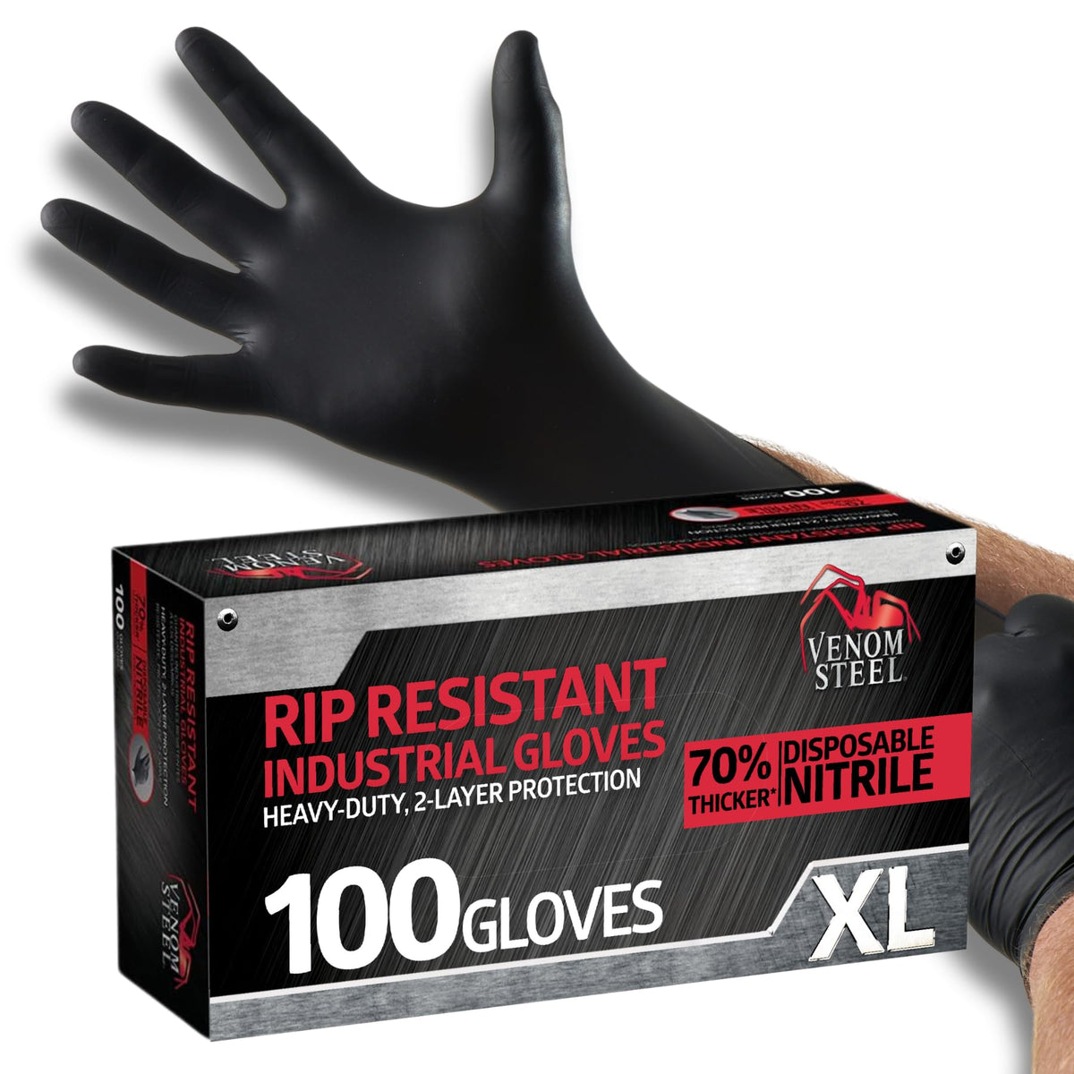 Venom Steel frente del empaque mostrando 100 guantes y XL como ventaja