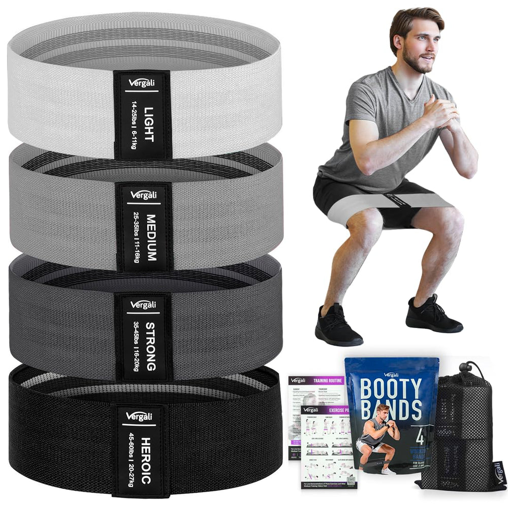 Vergali presentación frontal del set con 4 bandas y estuche, ideal para entrenar