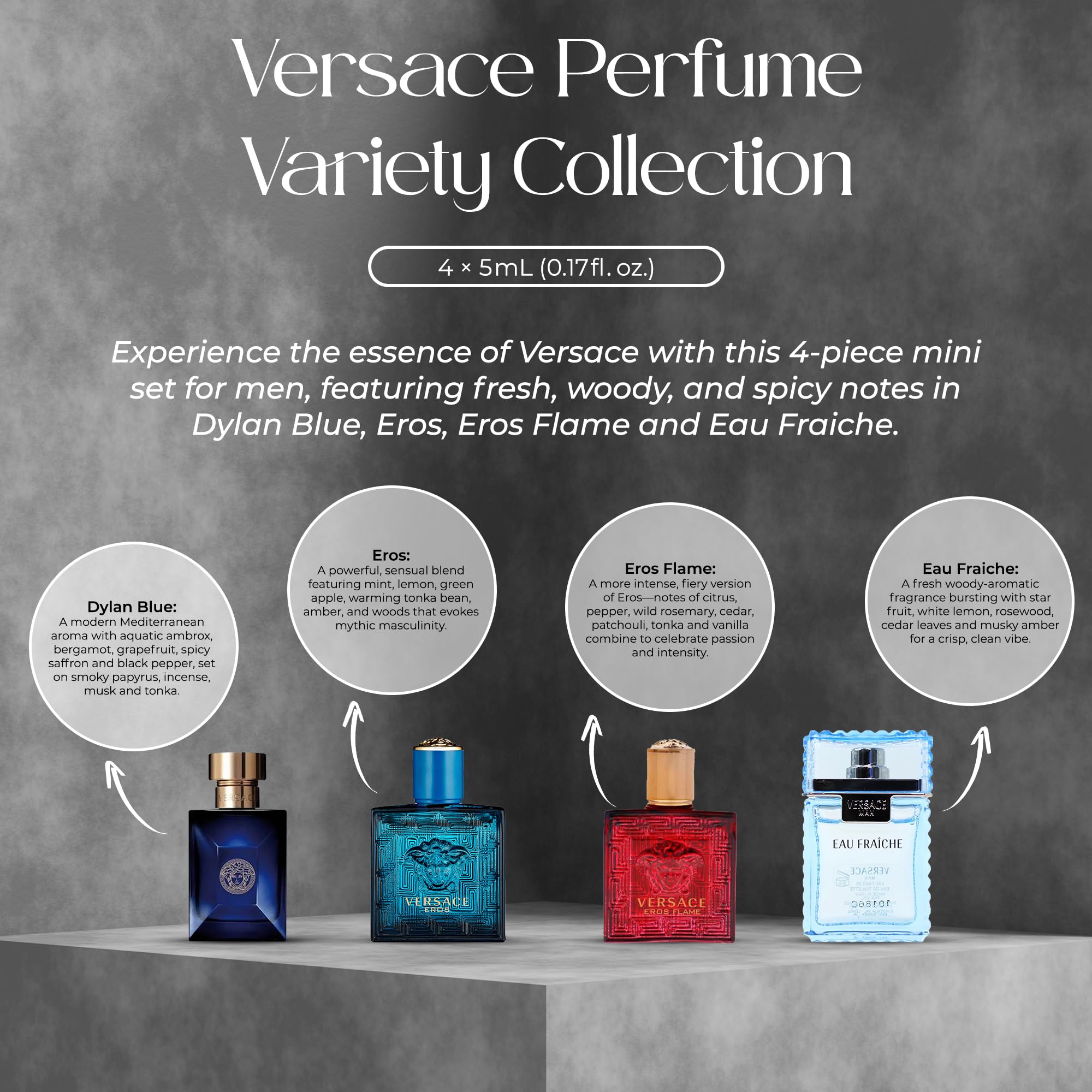 Versace primer plano de los mini frascos destacando diseño y acabado premium