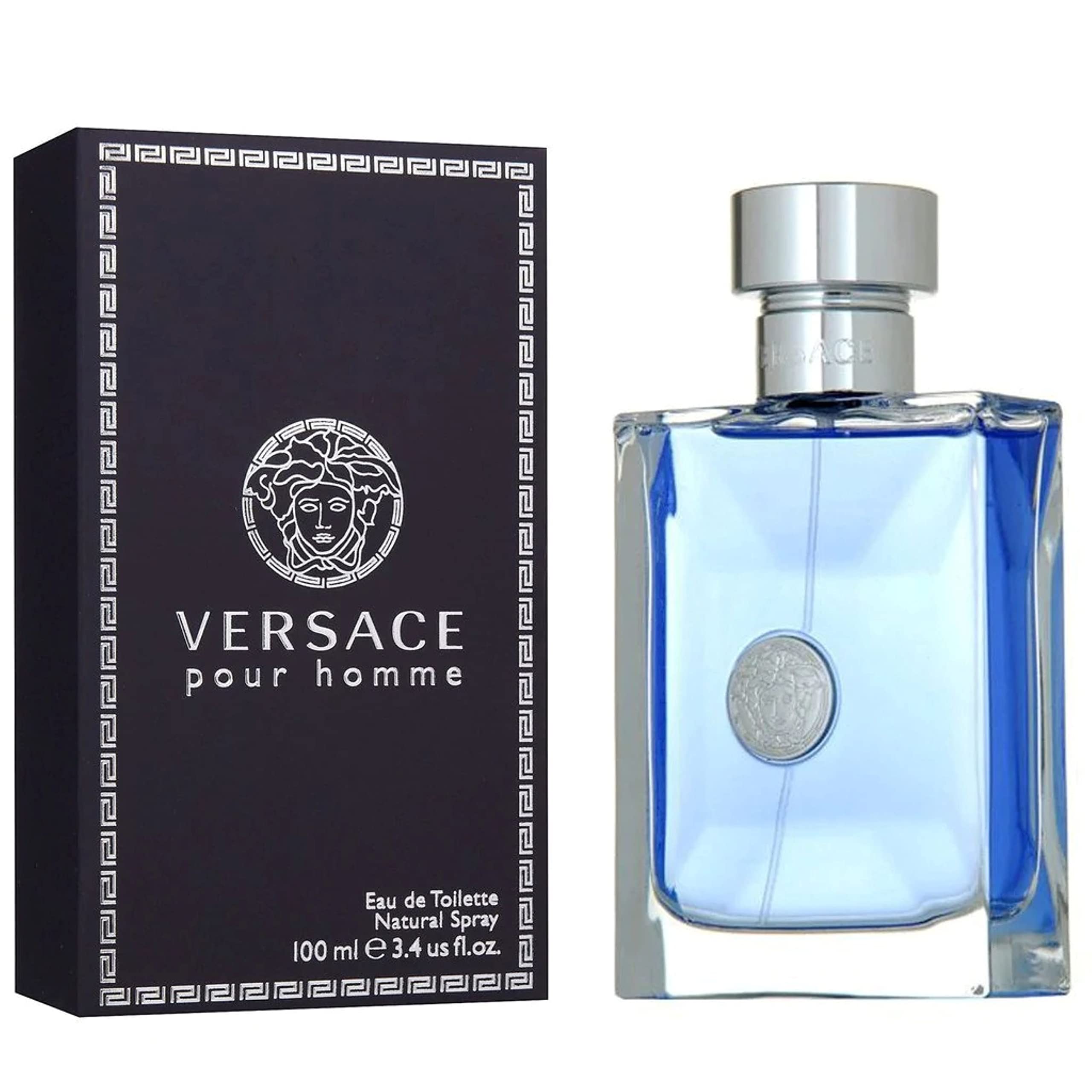 Versace Pour Homme bottle beside ruler showing 3.4 oz size for clear scale