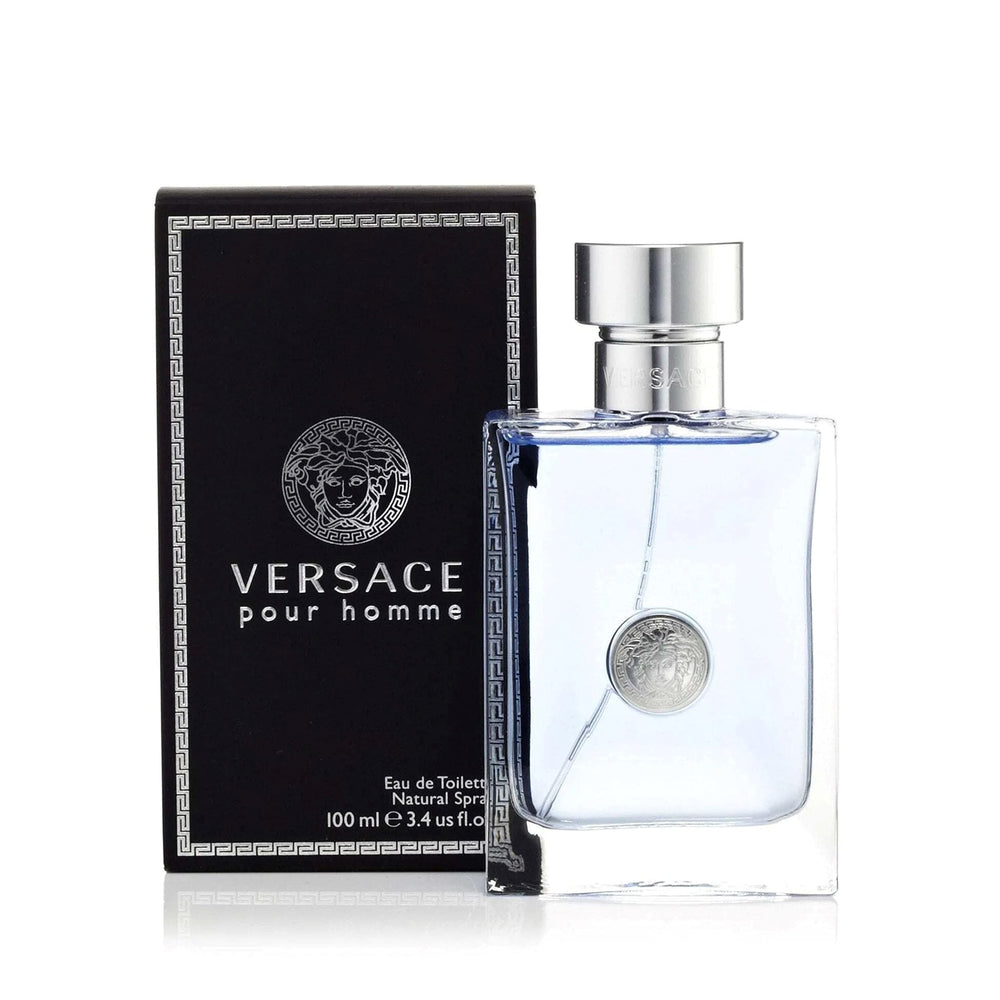 Spraying Versace Pour Homme from wrist demonstrating easy application and lasting freshness