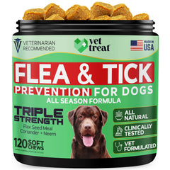 Vet Treat frontal del envase mostrando 120 golosinas y beneficios