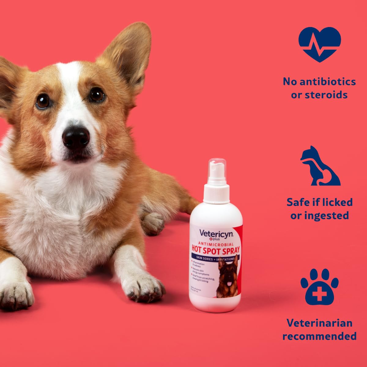 Comparación de tamaño Vetericyn Plus 8 oz junto a accesorios de baño
