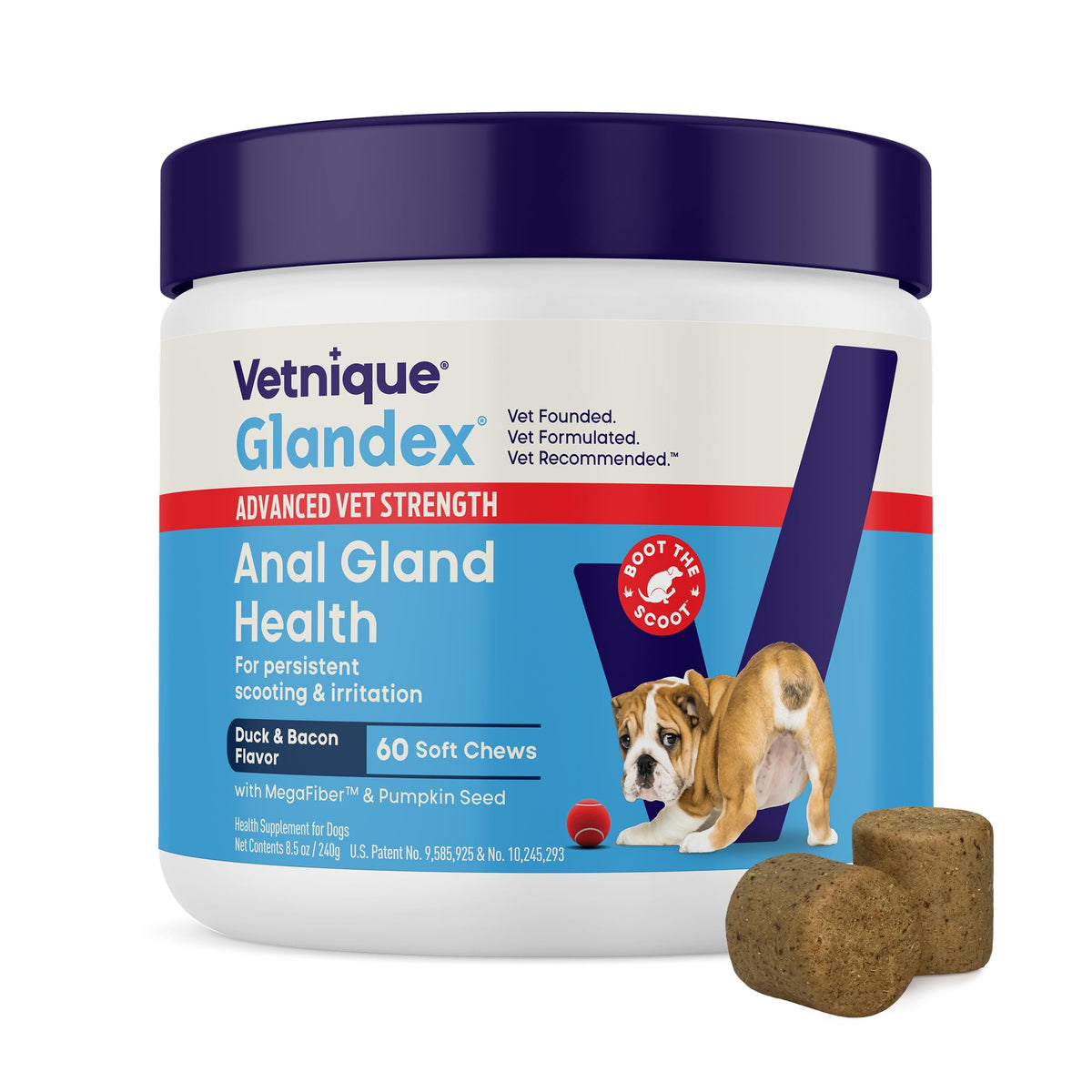 Vetnique Glandex paquete frontal mostrando 60 unidades y beneficio de alivio glandular