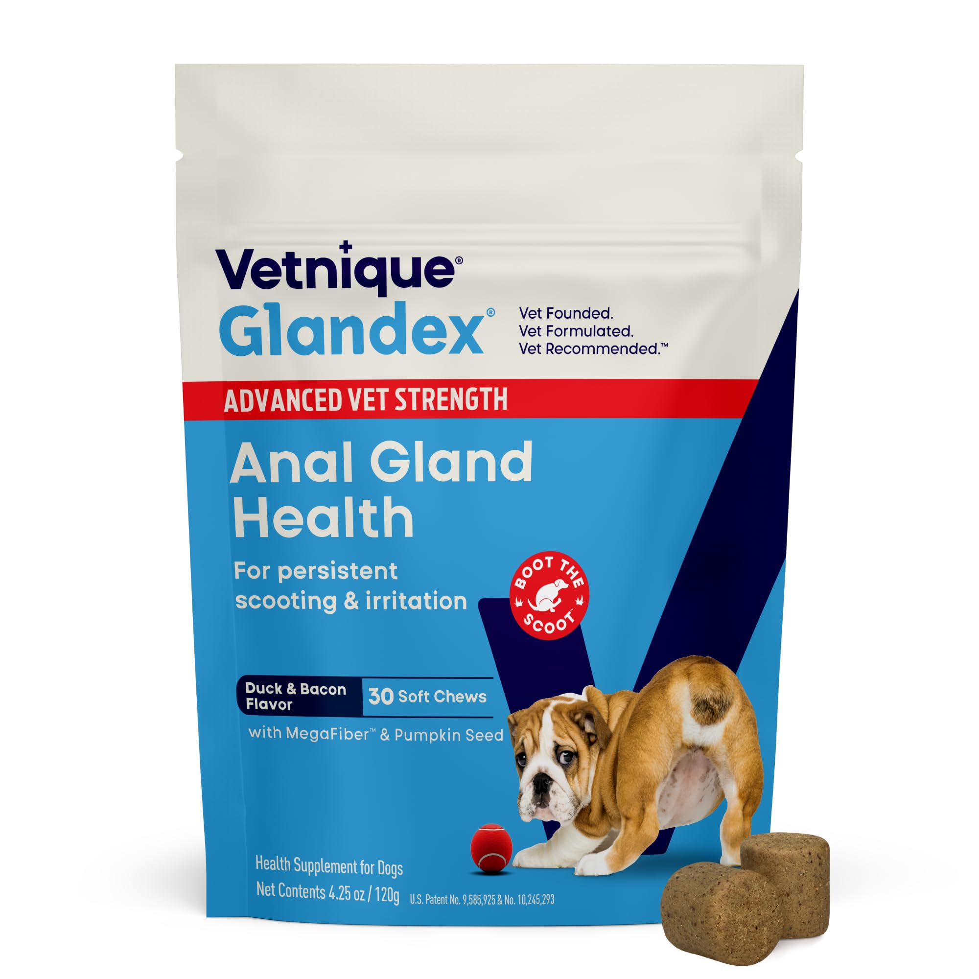 Vetnique Glandex envase frontal mostrando 30 masticables y beneficios