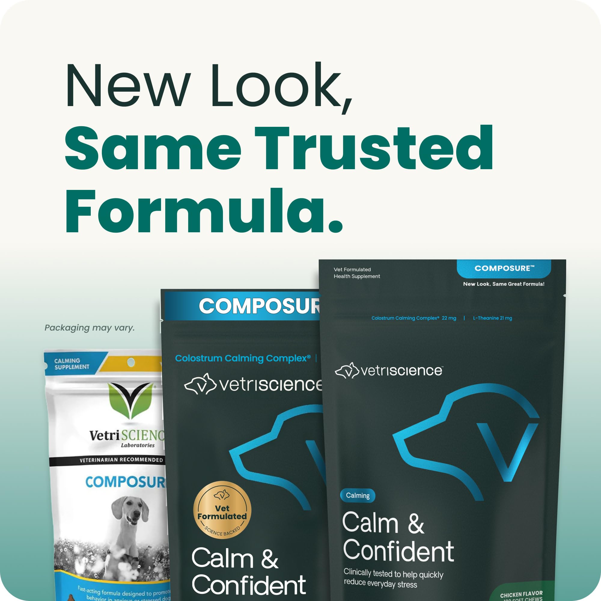 VETRISCIENCE etiqueta de ingredientes resaltando Colostrum Calming Complex y seguridad