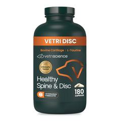 VETRISCIENCE envase frontal de Healthy Spine & Disc mostrando presentación de 180 cápsulas y beneficios