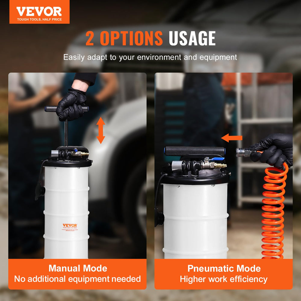 VEVOR primer plano del tanque 6.5L mostrando graduación y cierre seguro