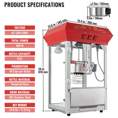 VEVOR size comparison with popcorn cups showing countertop footprint and capacity