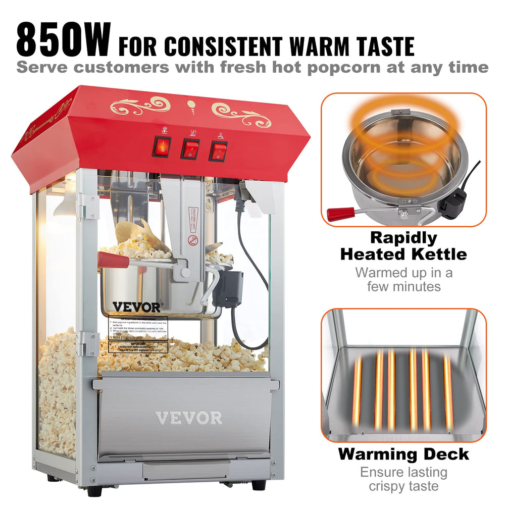VEVOR warming deck holding popcorn warm and visible under bright illumination