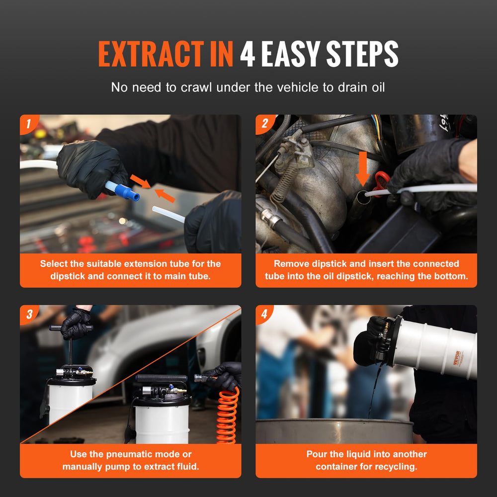 VEVOR extractor en uso junto a motor de coche, extracción limpia y rápida
