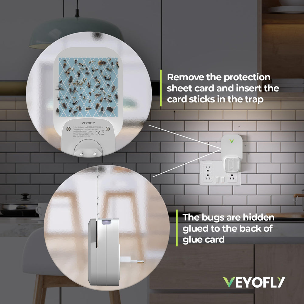 VEYOFLY trap with refill board placed on kitchen counter promoting odor‑free control