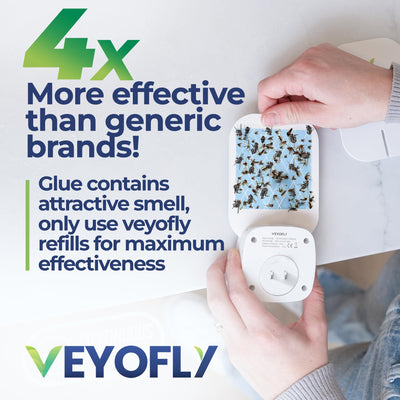 VEYOFLY packaging and contents with two devices and four refills visible