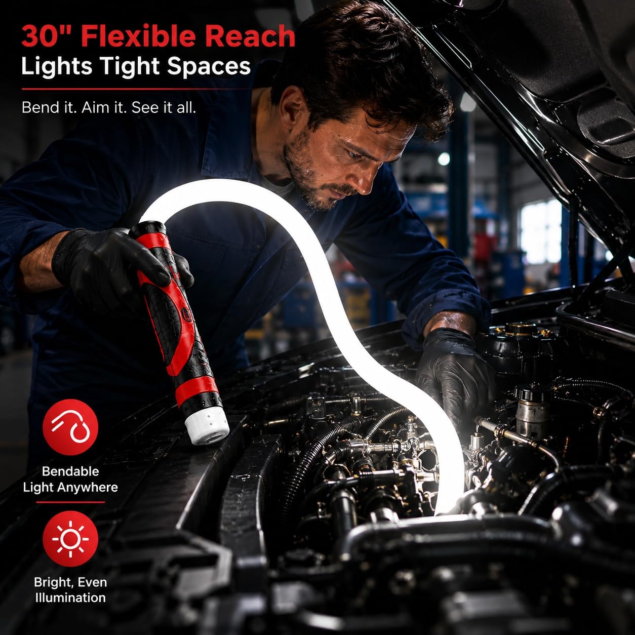 Veyvik la luz flexible iluminando un motor, facilita reparaciones
