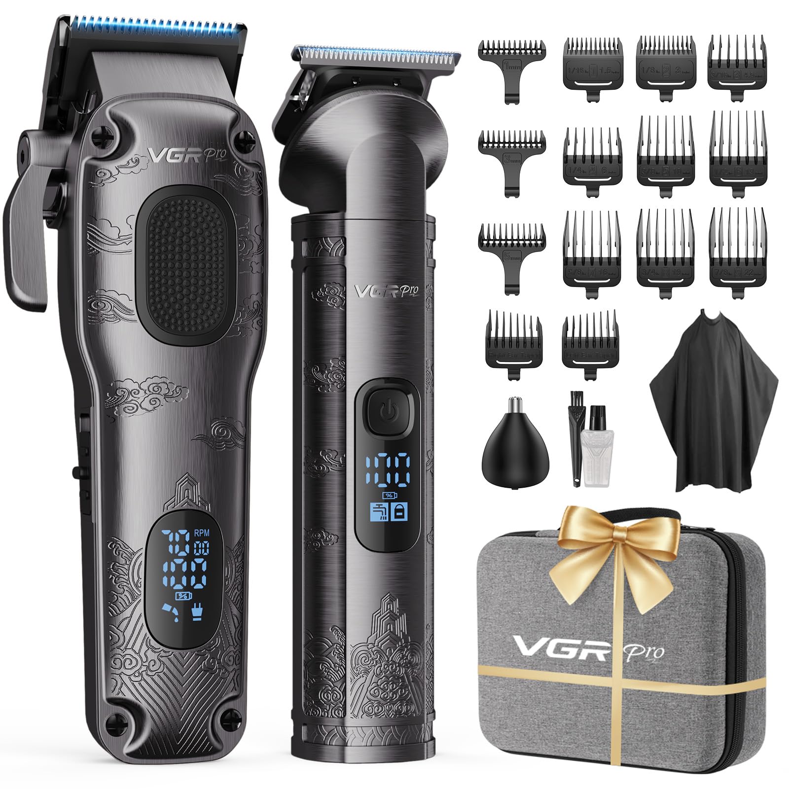 VGRPRO vista frontal del cortapelos con caja elegante y accesorios, calidad profesional