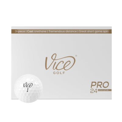 Vice Golf showing front pack and 24 balls with clear branding and performance benefits