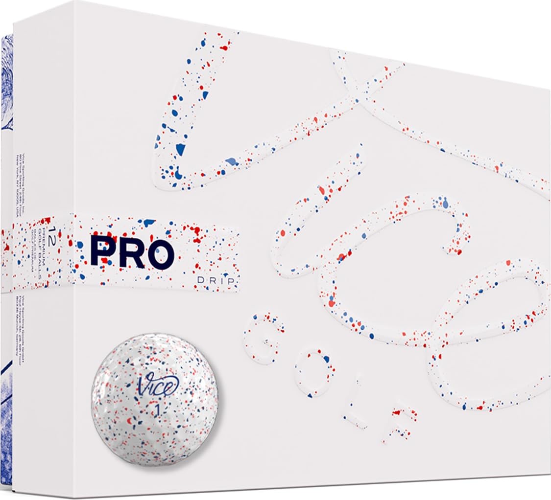 Vice Golf pelota Pro Drip frontal del paquete, diseño rojo y azul con mejora visual