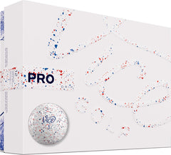 Vice Golf pelota Pro Drip frontal del paquete, diseño rojo y azul con mejora visual