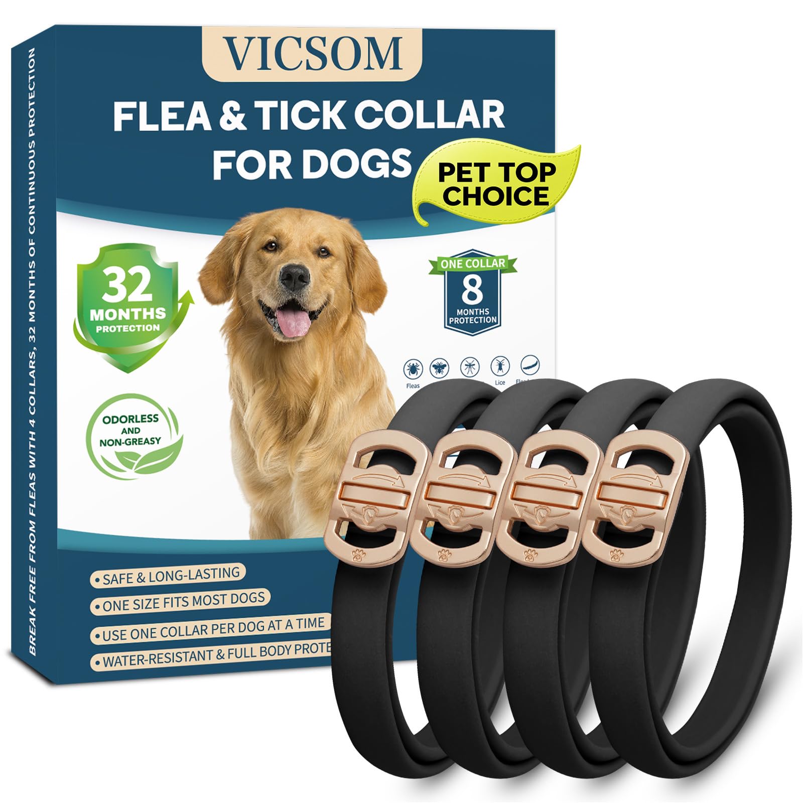 VICSOM collar antipulgas frontal mostrando diseño y protección prolongada