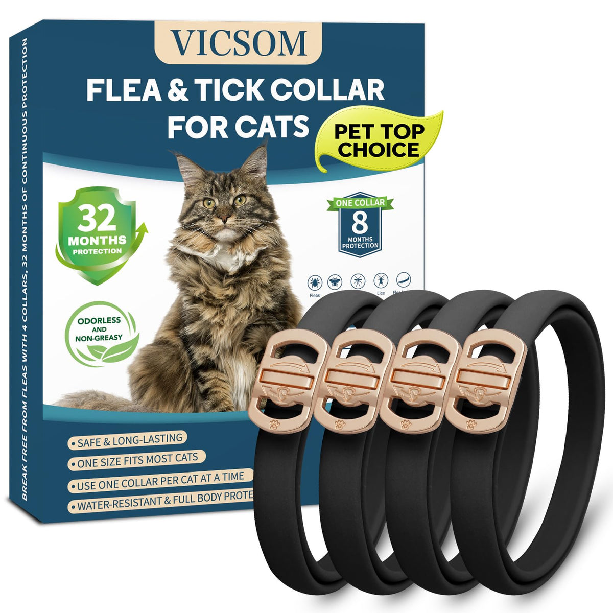 VICSOM collar antipulgas frontal mostrando diseño y beneficio protección prolongada