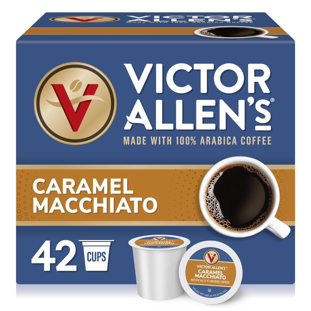Victor Allen's box front showing Caramel Macchiato pods and benefits