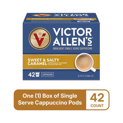 Victor Allen's brewed caramel cappuccino pouring from single-serve machine into cup