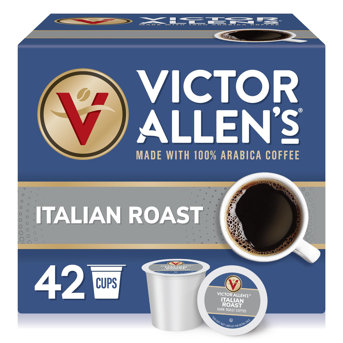Victor Allen's Coffee front packaging showing 42-count pods and bold roast benefit