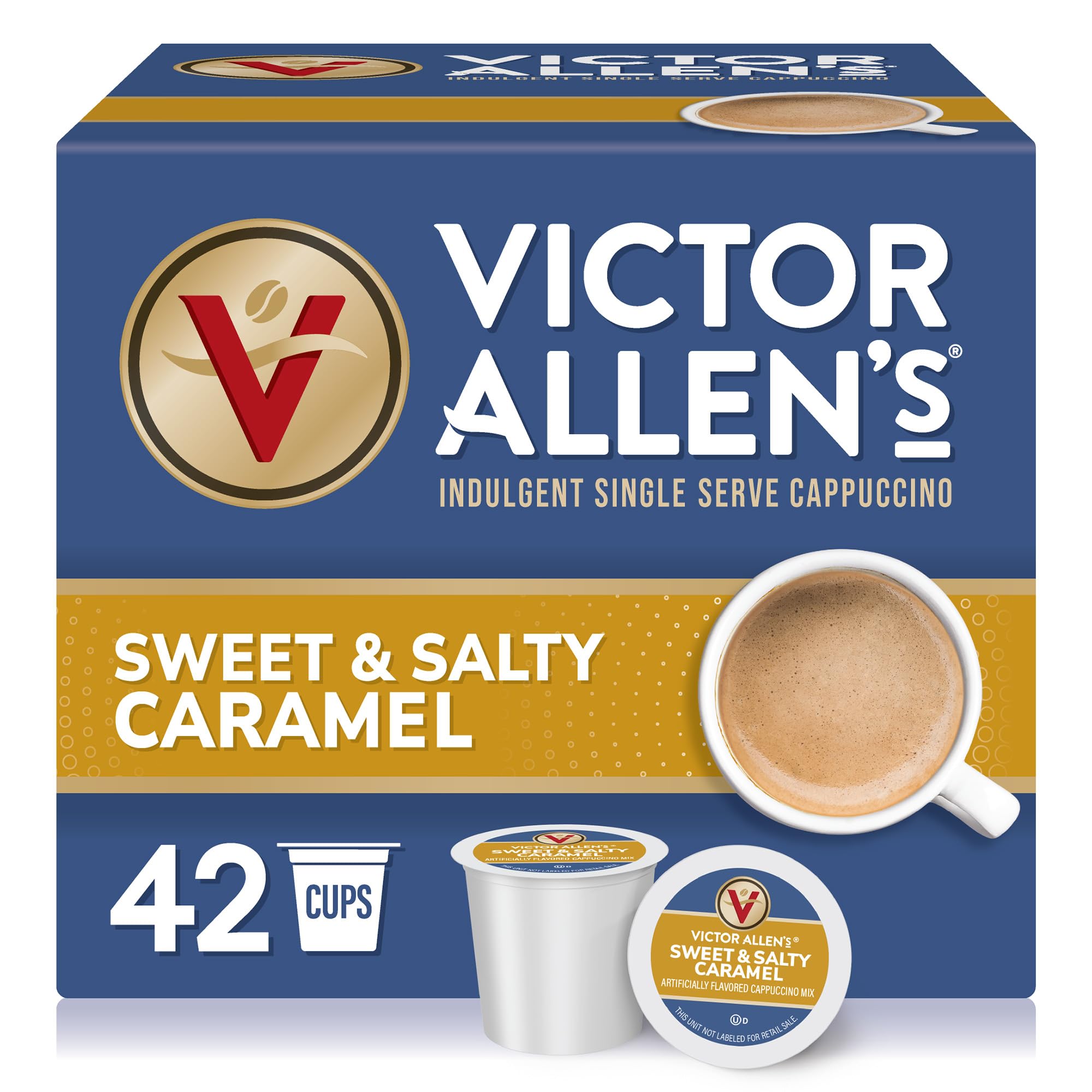 Victor Allen's front packaging showing 42 pods and caramel cappuccino appeal