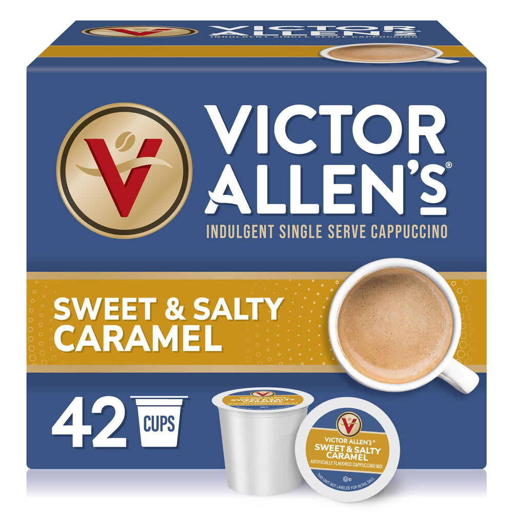 Victor Allen's front packaging showing 42 pods and caramel cappuccino appeal