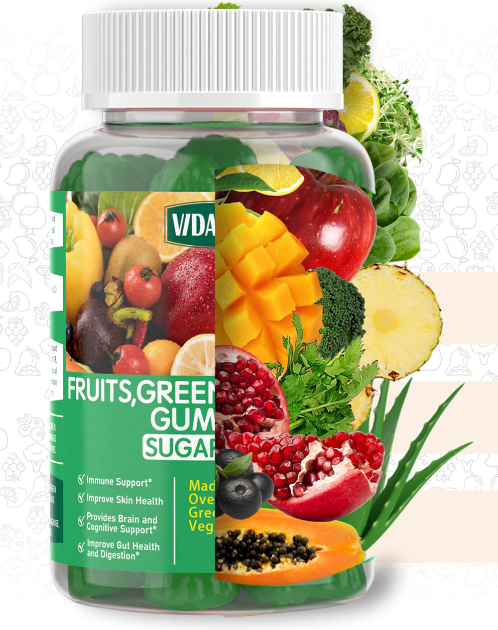 VIDAVITE ingredientes supergreens dispuestos para transparencia