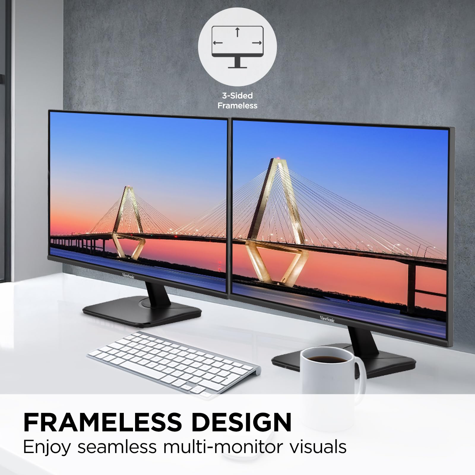 ViewSonic side profile emphasizing thin bezel design and space-saving footprint benefit