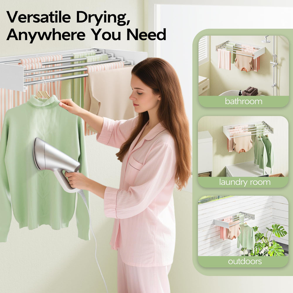 Vikaqi with shirts and towels drying to show efficient air-drying benefit