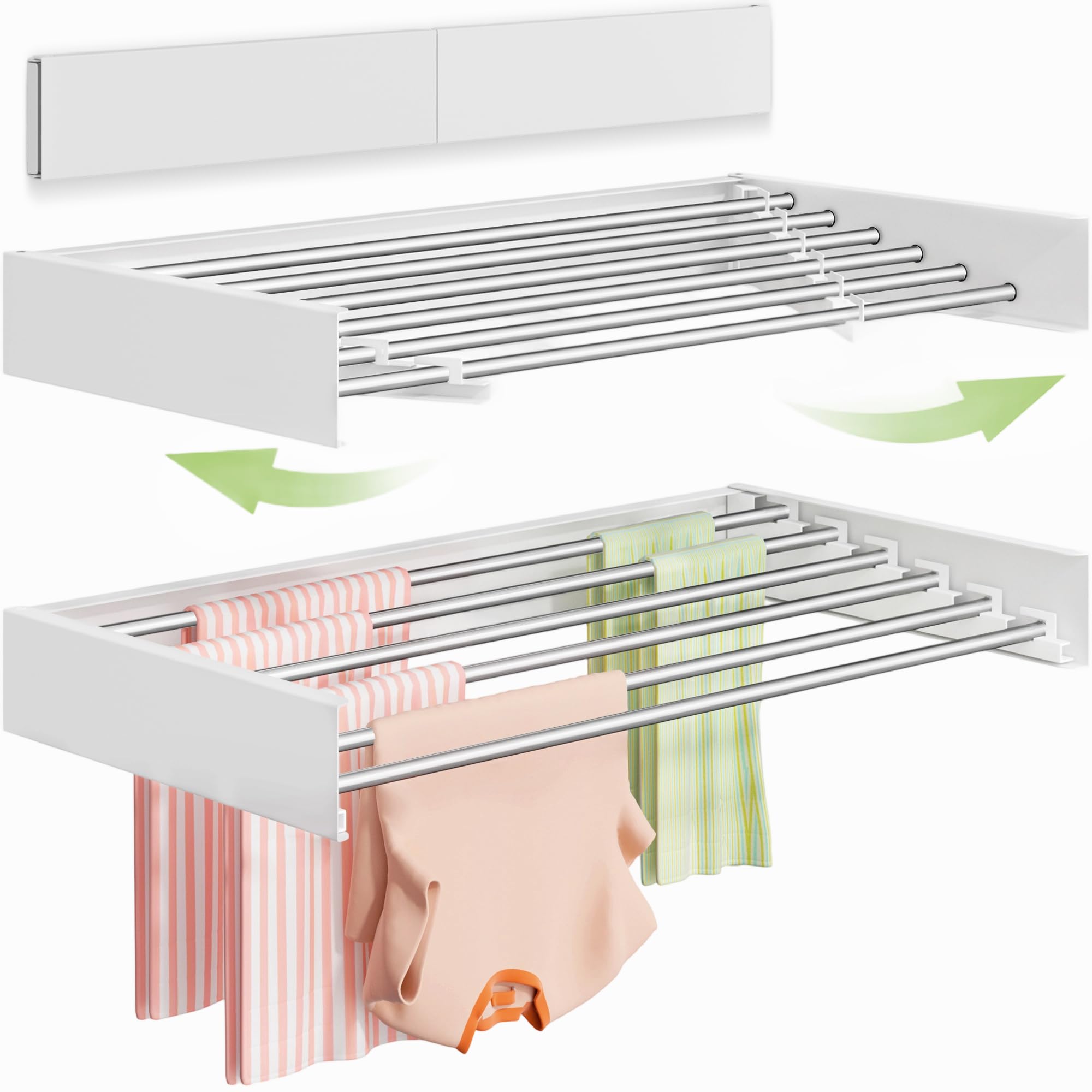 Vikaqi front view wall mounted drying rack showing sleek white finish and six rods, space saving
