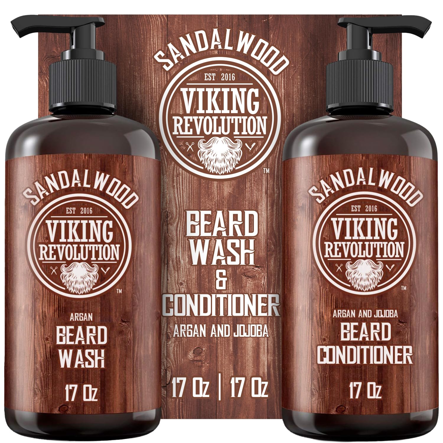 Viking Revolution front packaging showing sandalwood beard set benefits
