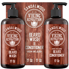 Viking Revolution front packaging showing sandalwood beard set benefits