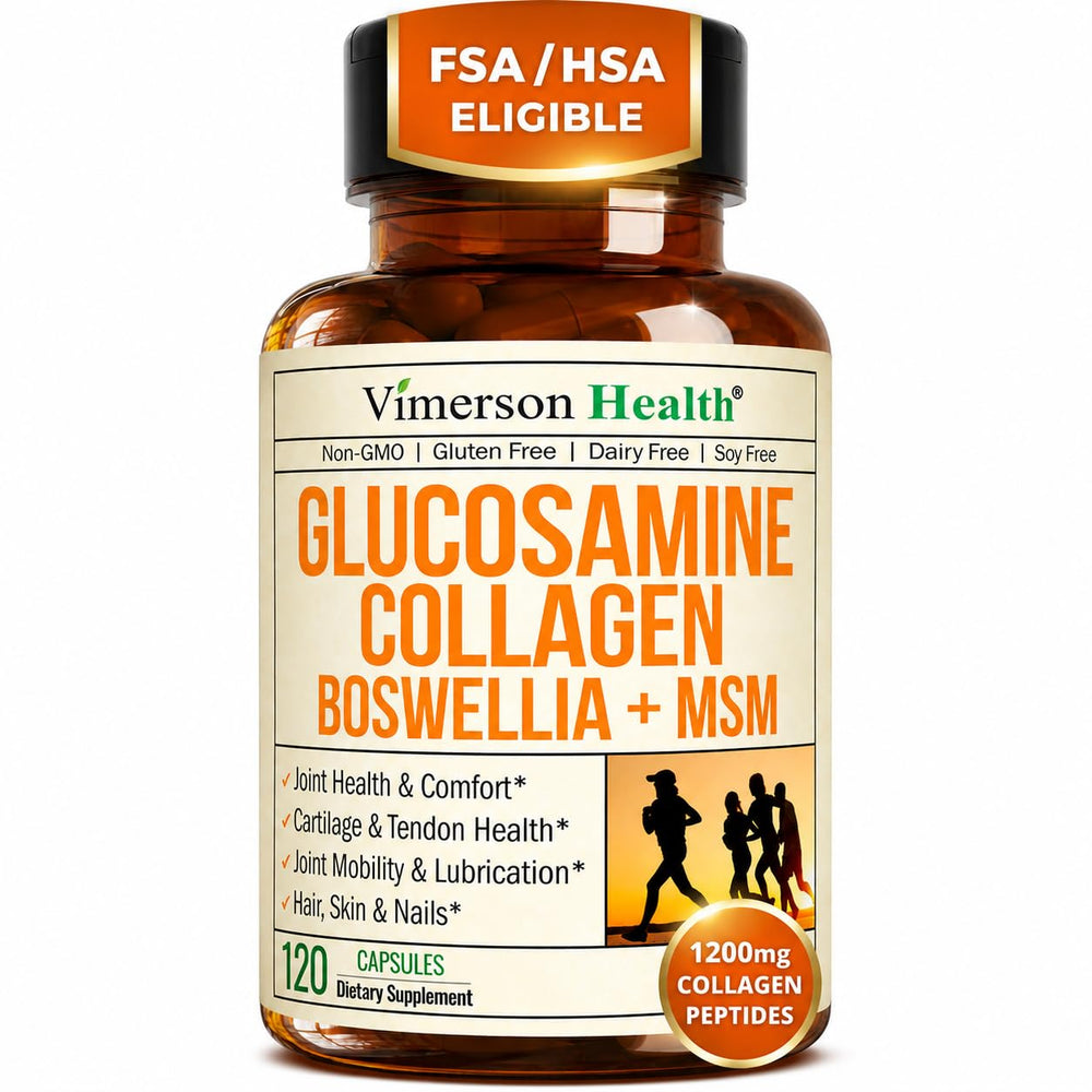Vimerson Health frasco frontal mostrando la etiqueta y la ventaja de apoyo articular