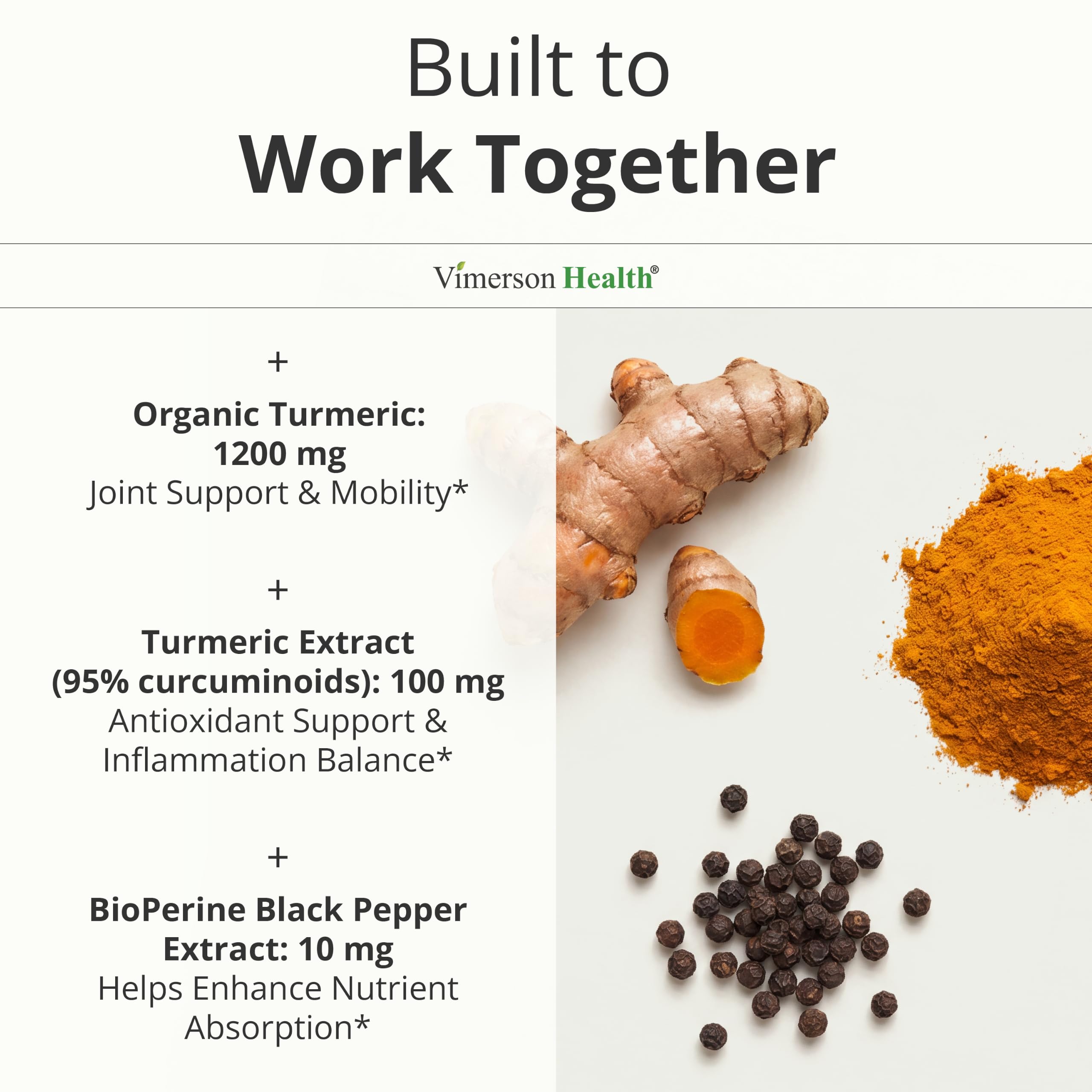 Vimerson Health raíces de cúrcuma y polvo mostrando origen natural