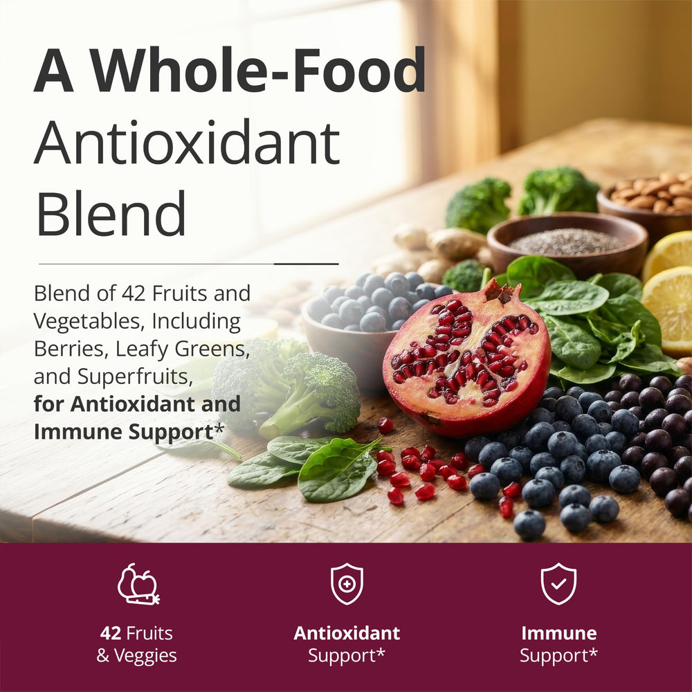 Vimerson Health botella sobre mesa con ingredientes frescos exhibidos
