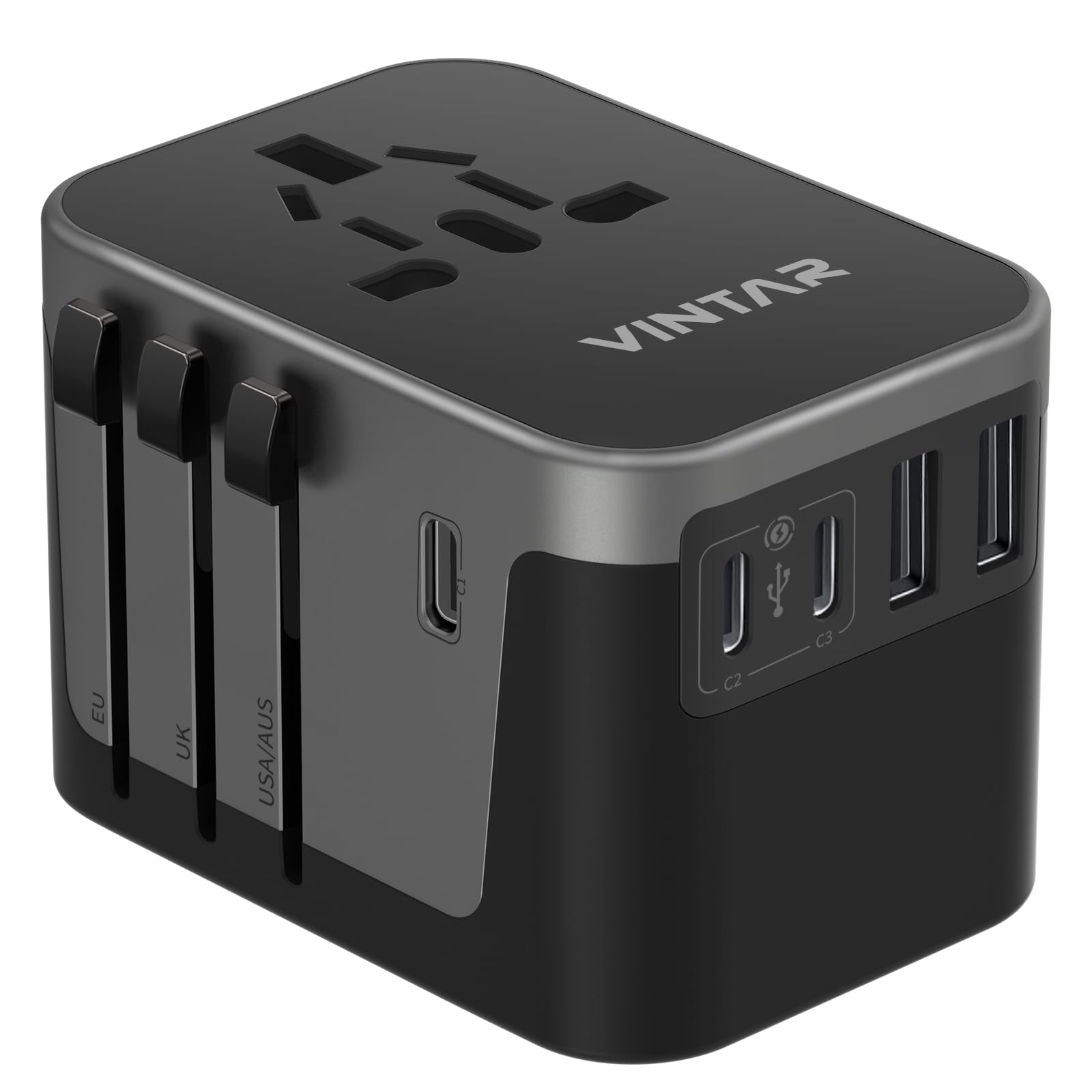 VINTAR adaptador frontal mostrando puertos y toma AC para cargar varios dispositivos