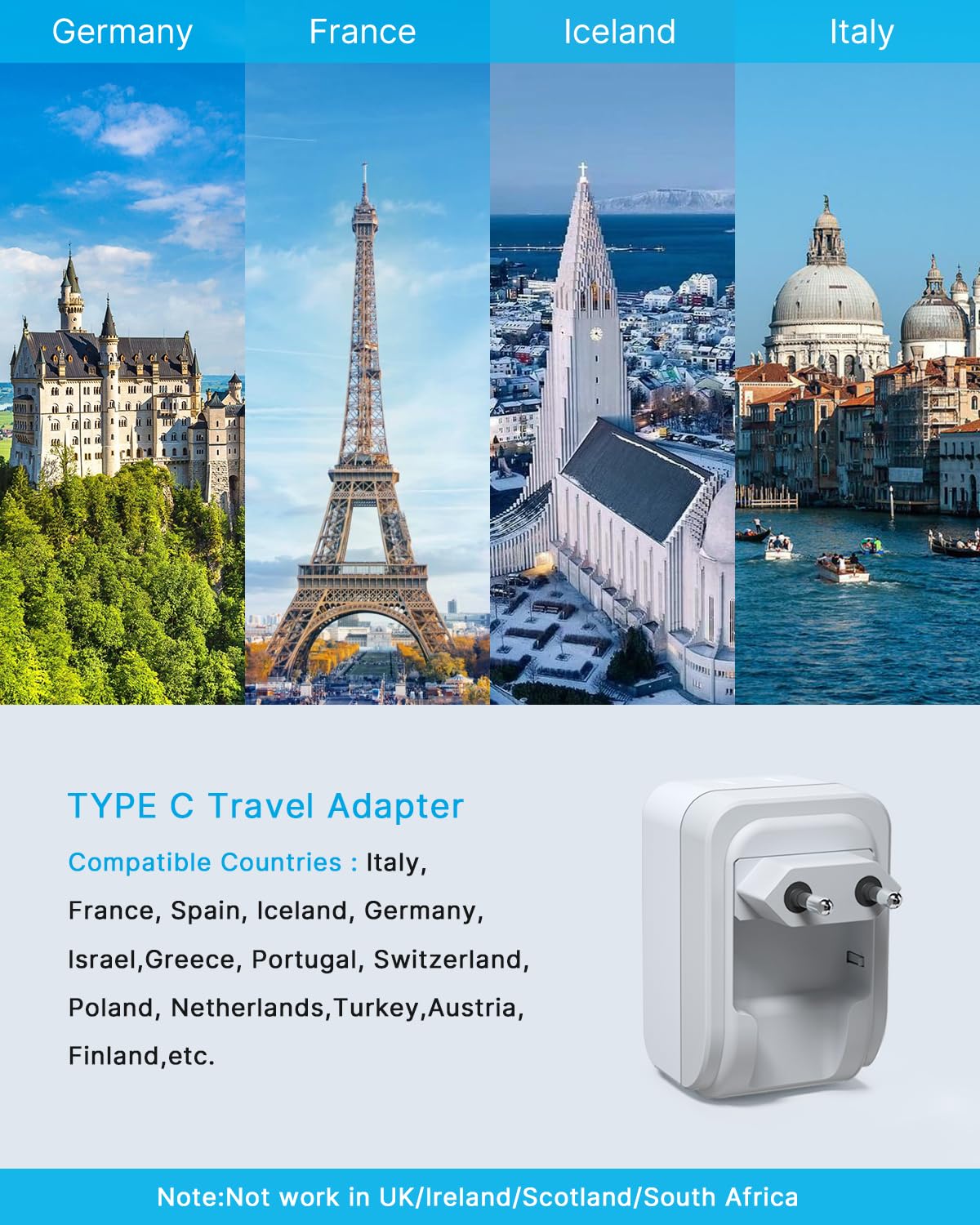 VINTAR adaptador enchufado en pared europea mostrando LED de encendido