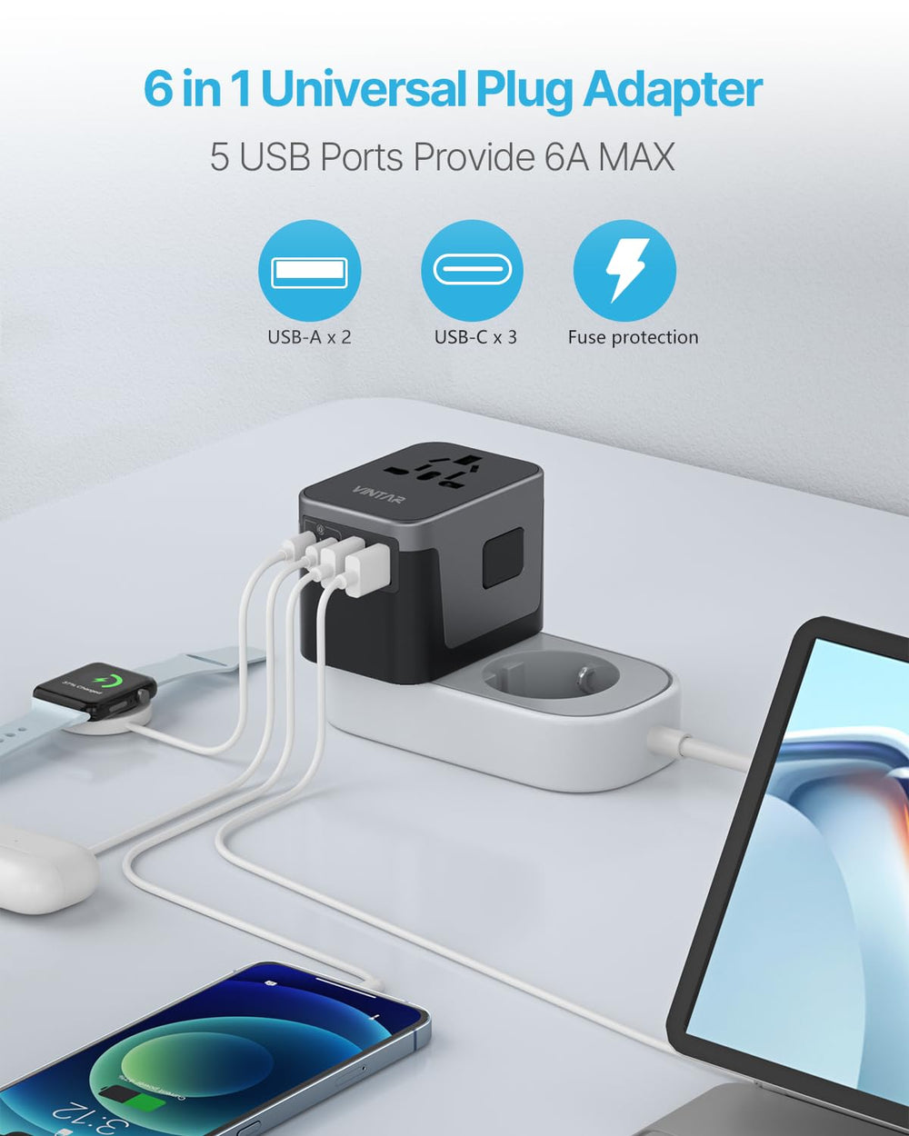 VINTAR adaptador en uso en habitación hotelera ideal para viajes internacionales
