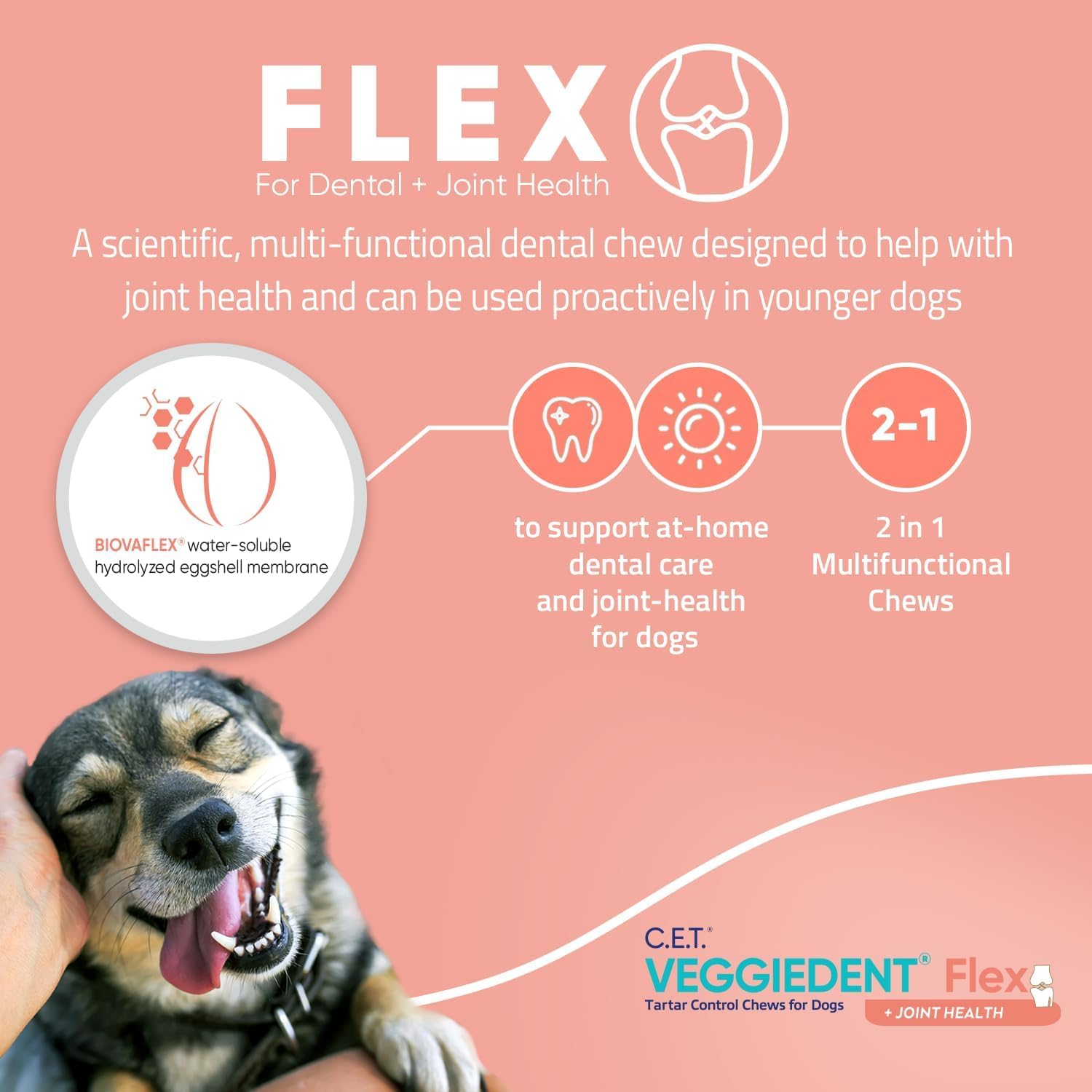 Virbac Veggiedent perro masticando mostrando limpieza dental activa