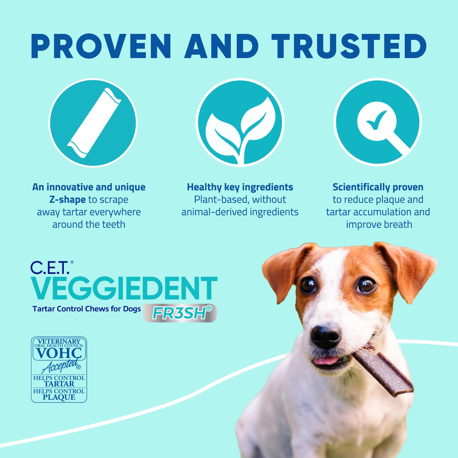 Etiqueta Virbac Veggiedent Fr3sh con sello VOHC y lista de ingredientes