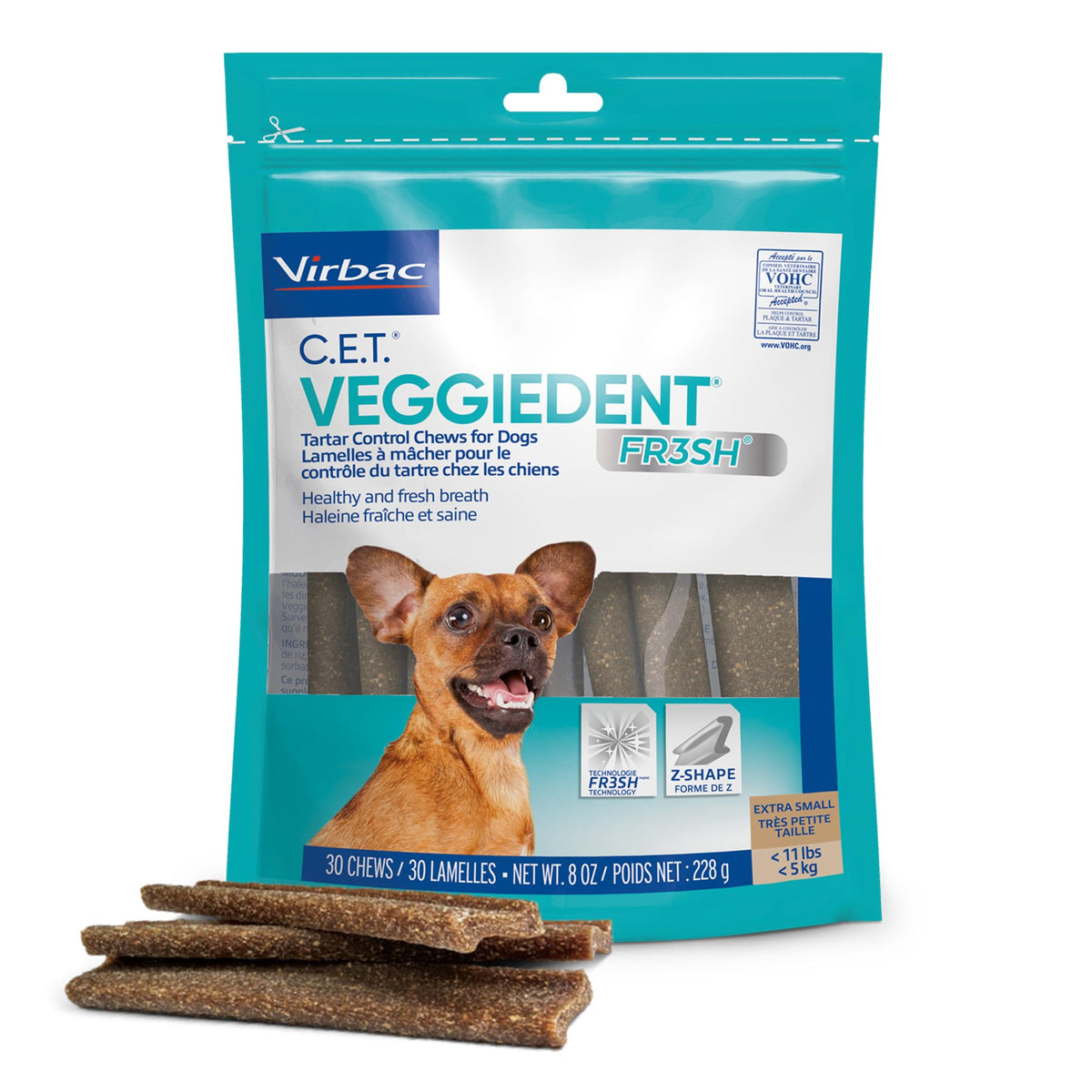 Virbac Veggiedent Fr3sh XS frente del empaque mostrando beneficios visibles